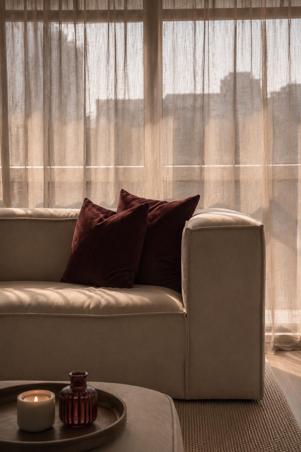 Warm interieurdetail met zachte materialen, ontworpen door Liña & Bida