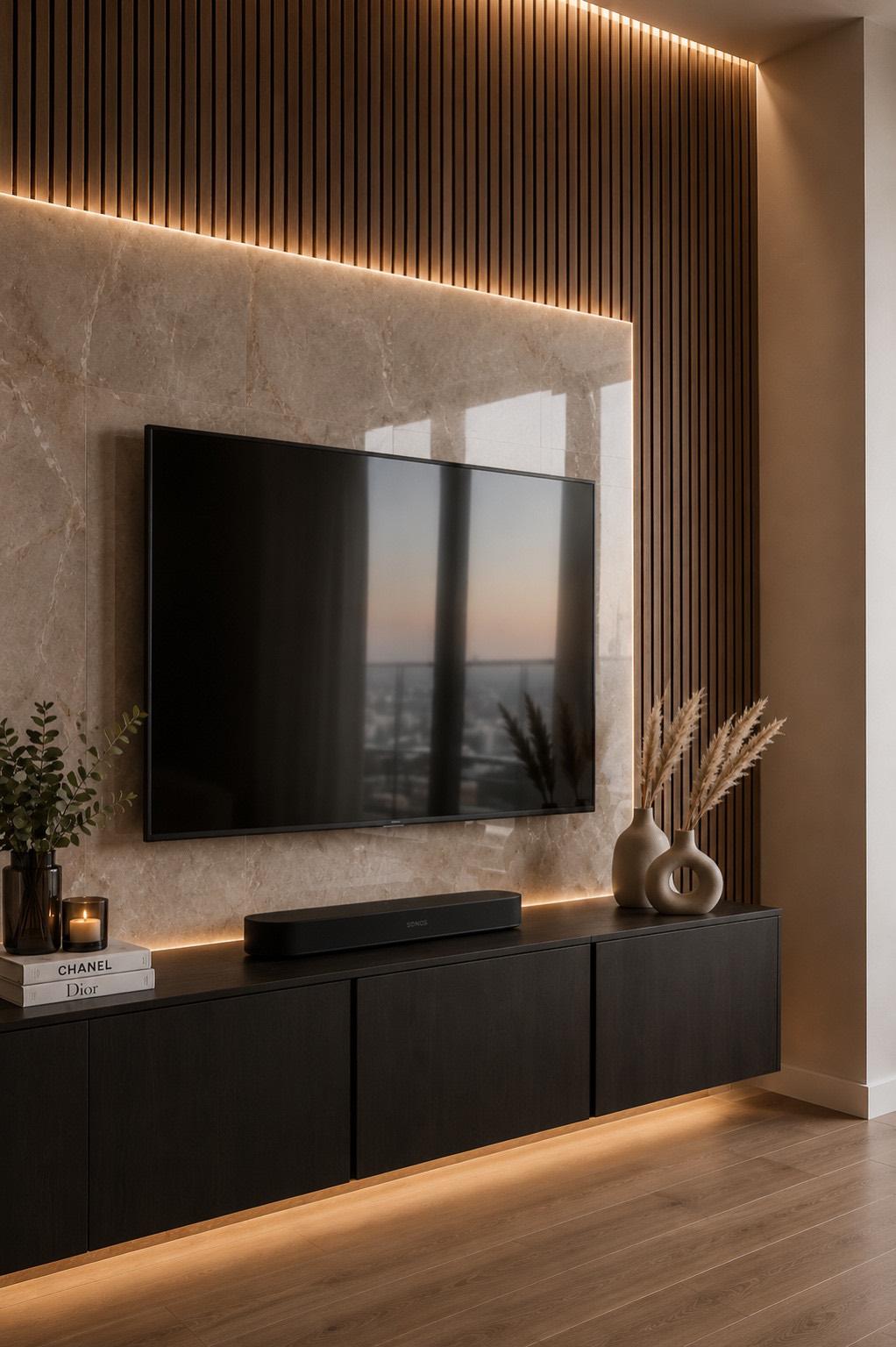TV-wand met houten lamellen, marmer en verlicht lijstwerk in project Rijswijk